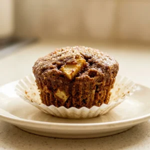 Top-down look at a muffin with a spiral of apple butter, cinnamon dusting, and small apple pieces on top.