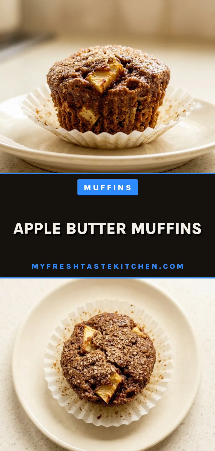 Top-down look at a muffin with a spiral of apple butter, cinnamon dusting, and small apple pieces on top.