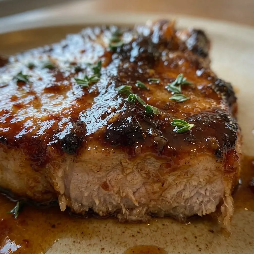 Up close, a pork chop glazed with apple butter, with apple cider vinegar and soy sauce reduction, and thyme leaves.