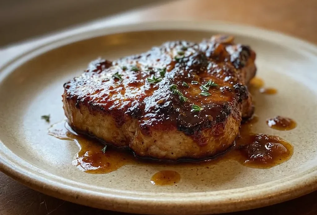 Looking down at two pork chops topped with apple butter, garnished with thyme sprigs.