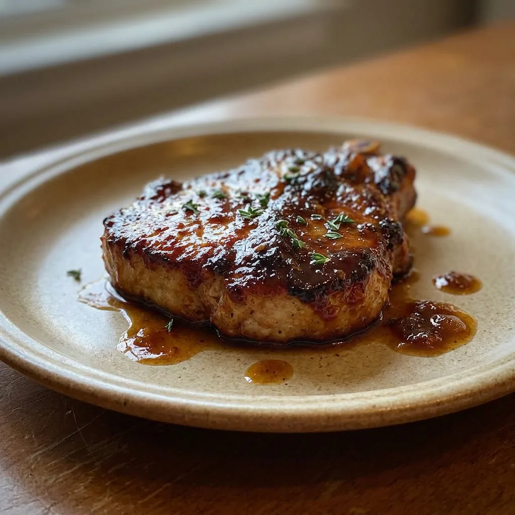 Looking down at two pork chops topped with apple butter, garnished with thyme sprigs.