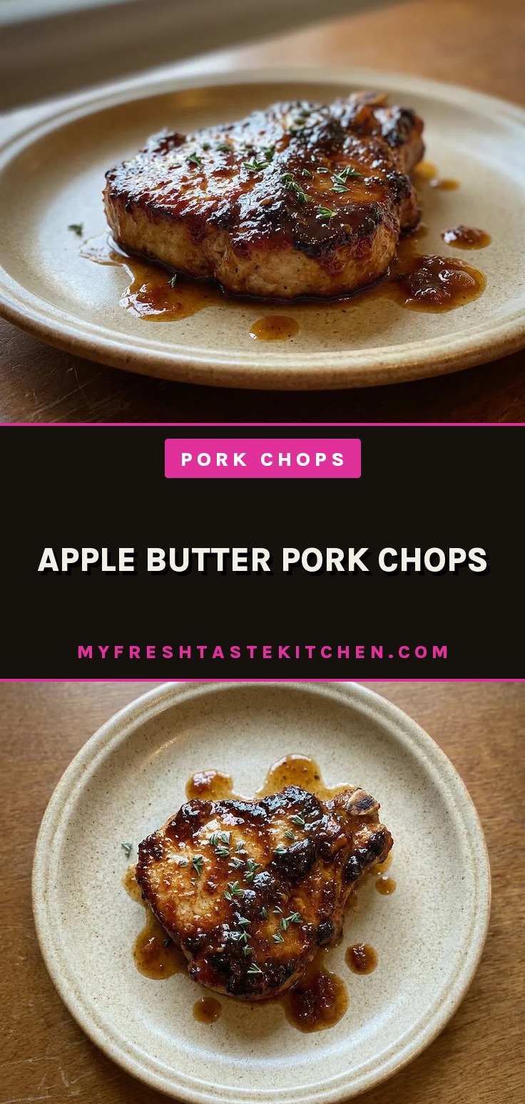 Looking down at two pork chops topped with apple butter, garnished with thyme sprigs.