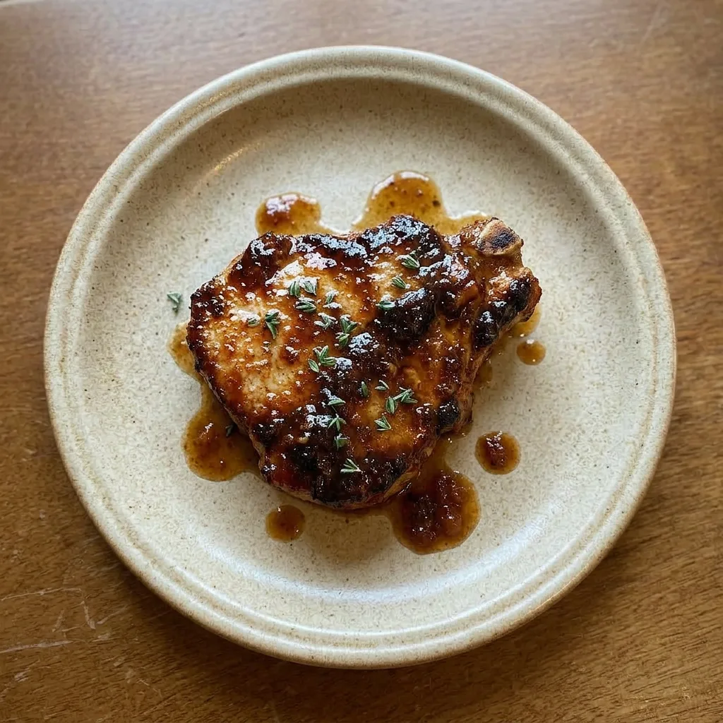 A plate of pork chops with apple butter sauce, garnished with fresh thyme.