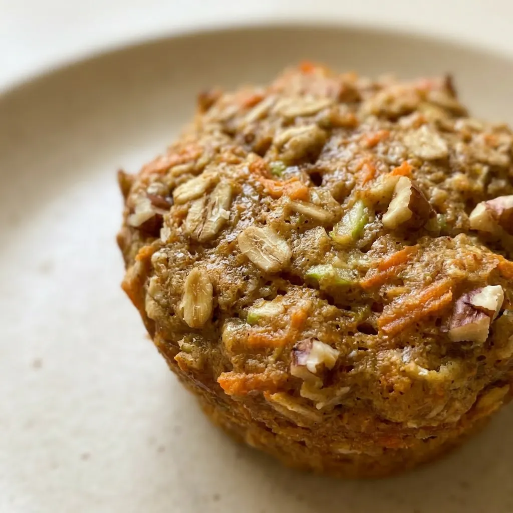 Zoomed in on a muffin with grated carrot and apple pieces, drizzled honey on top.