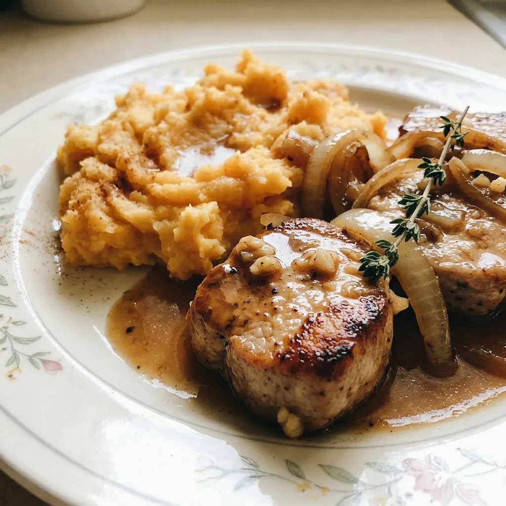 Up close, a slice of pork tenderloin with a glossy apple cider glaze rests on a swirl of mashed sweet potatoes.