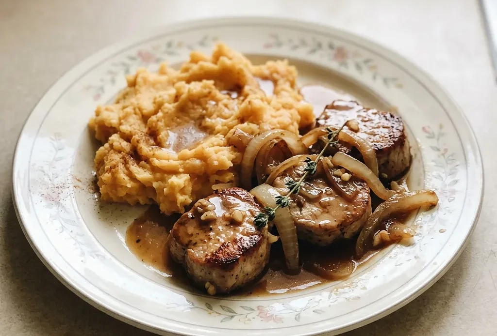 Looking down at sliced pork tenderloin over mashed sweet potatoes, drizzled with apple cider sauce.