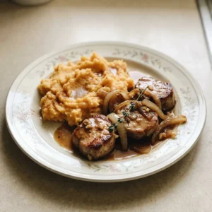Looking down at sliced pork tenderloin over mashed sweet potatoes, drizzled with apple cider sauce.