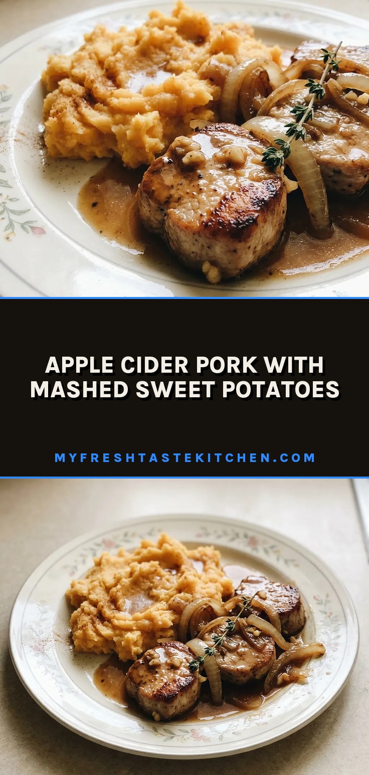 Looking down at sliced pork tenderloin over mashed sweet potatoes, drizzled with apple cider sauce.