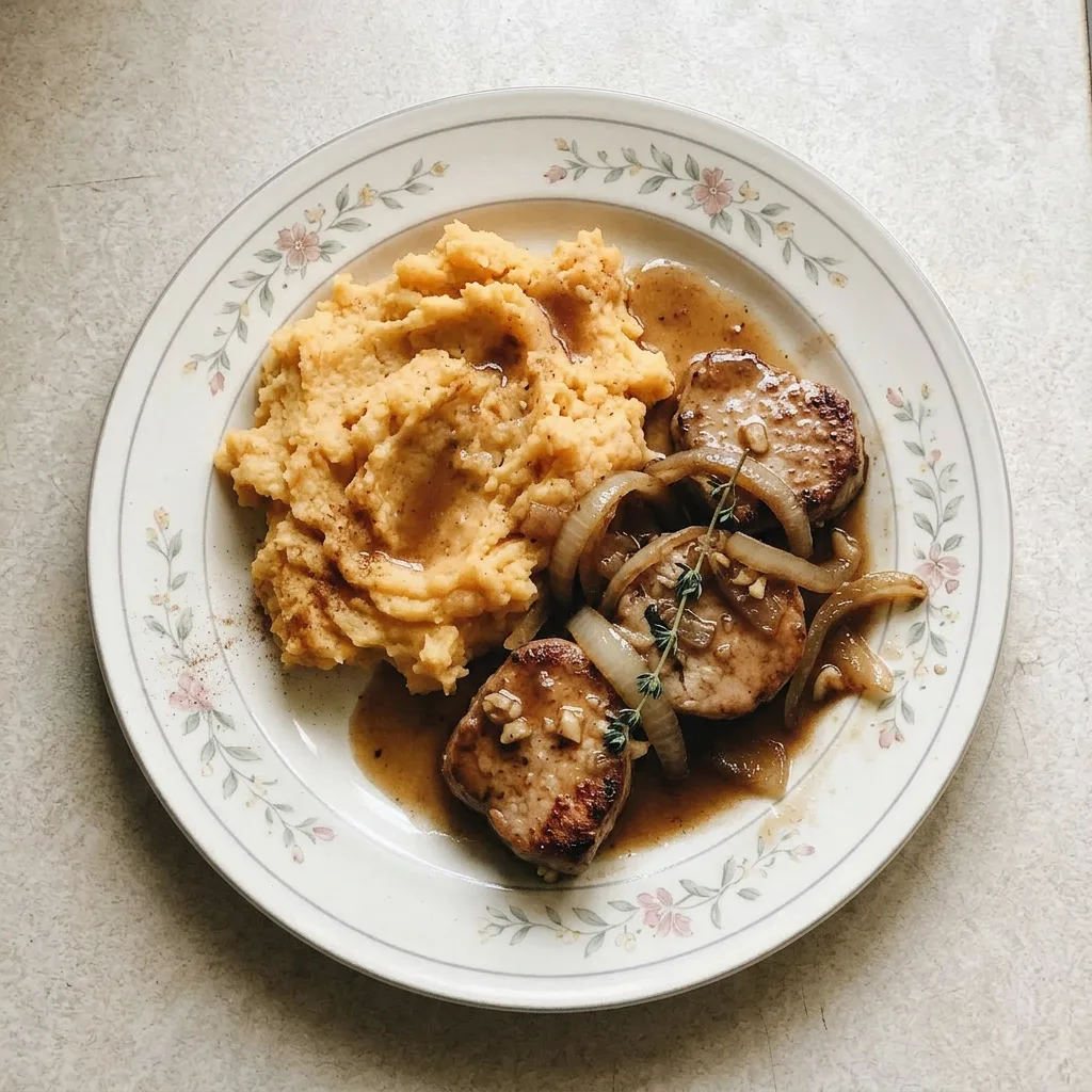 A plate of pork tenderloin medallions on mashed sweet potatoes, topped with apple cider reduction.