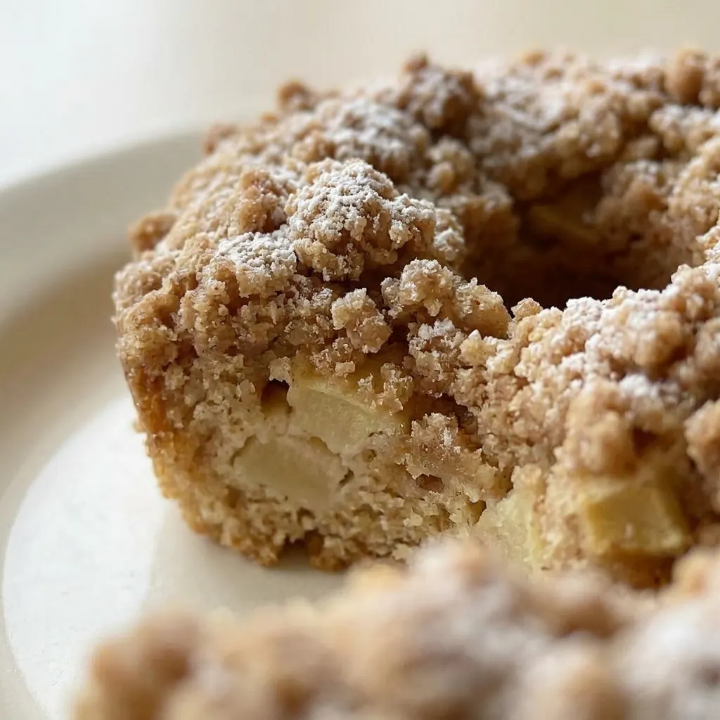 Macro detail of a donut showing crumb topping, diced apple pieces, and a dusting of nutmeg.