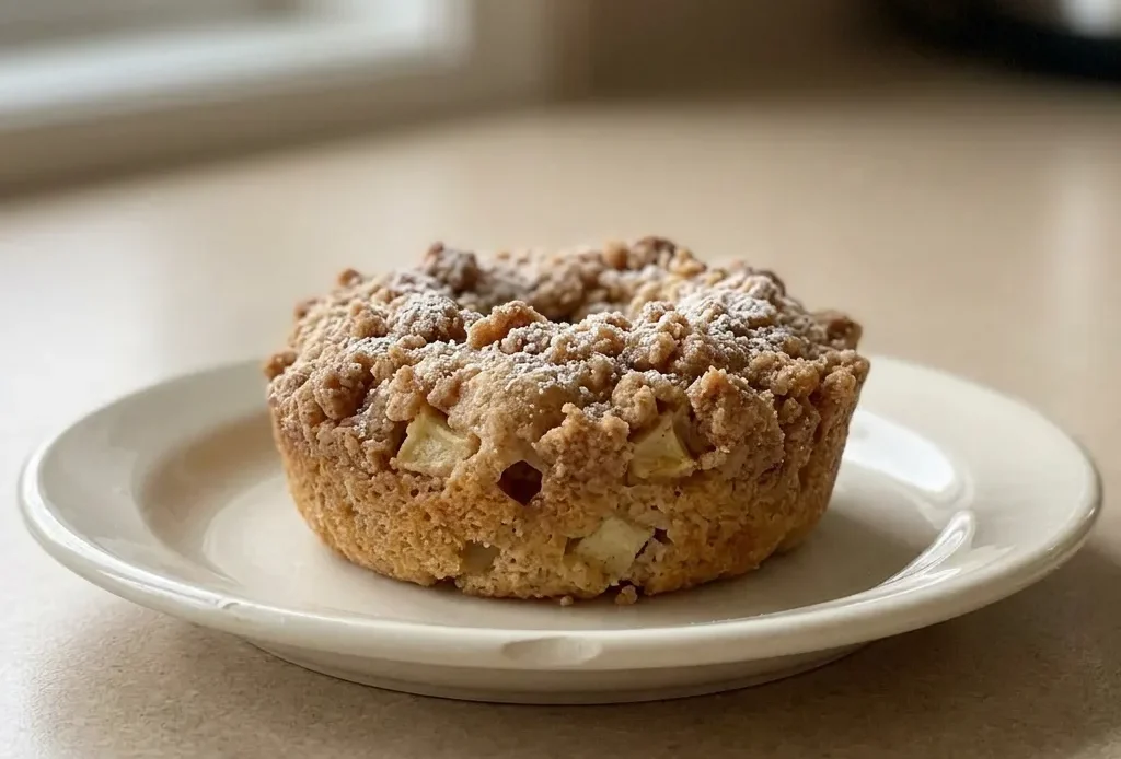 Top-down look at three apple crumb donuts with brown sugar streusel and cinnamon specks on a white plate.