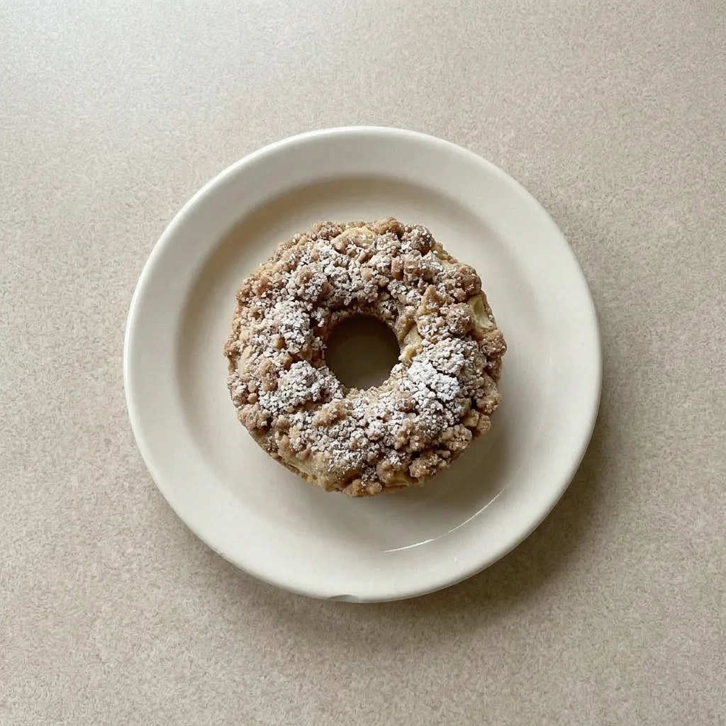 A serving of two apple crumb donuts with visible apple chunks and crumbly brown sugar topping.