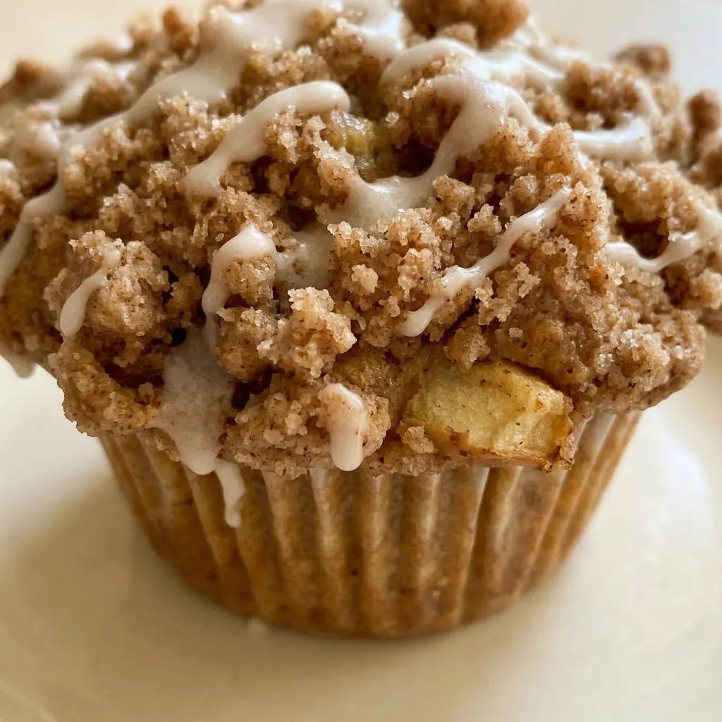 Macro detail of a muffin with a crumbly brown sugar and butter topping, apple pieces, and a drizzle of Greek yogurt.