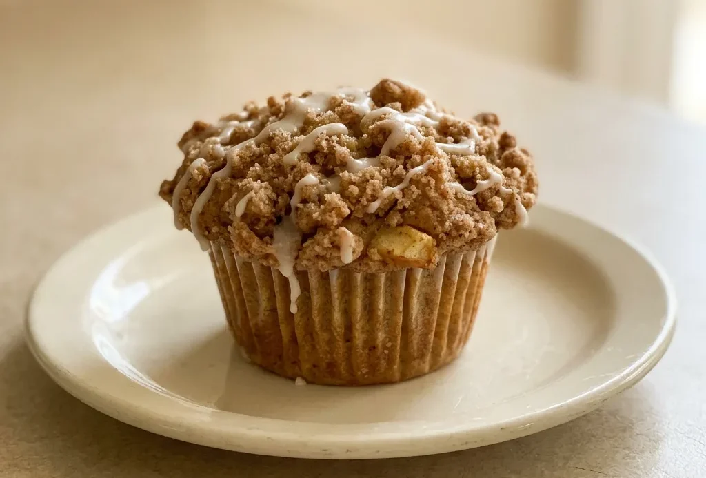 Top-down look at a round apple crumble muffin with visible apple chunks and cinnamon swirls on top.