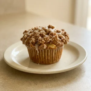 Top-down look at a round apple crumble muffin with visible apple chunks and cinnamon swirls on top.