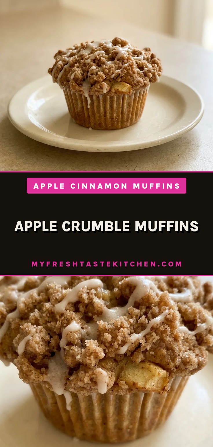 Top-down look at a round apple crumble muffin with visible apple chunks and cinnamon swirls on top.