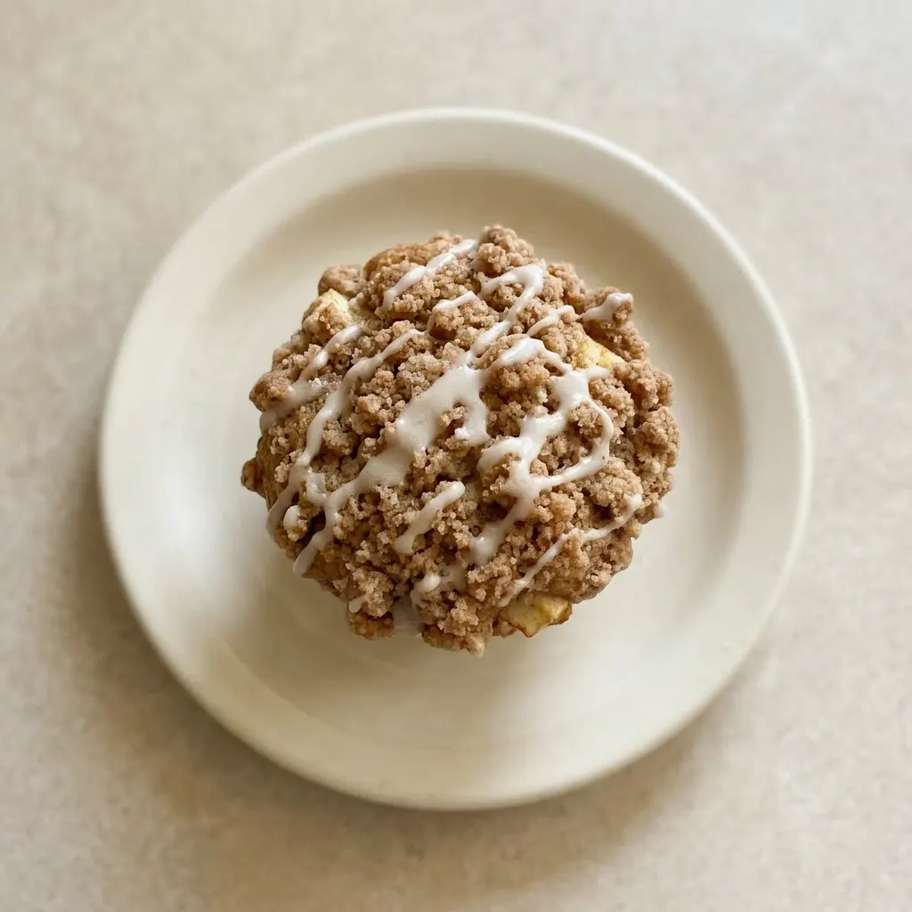 A serving of apple crumble muffin with a golden brown crust, apple chunks, and cinnamon specks visible.