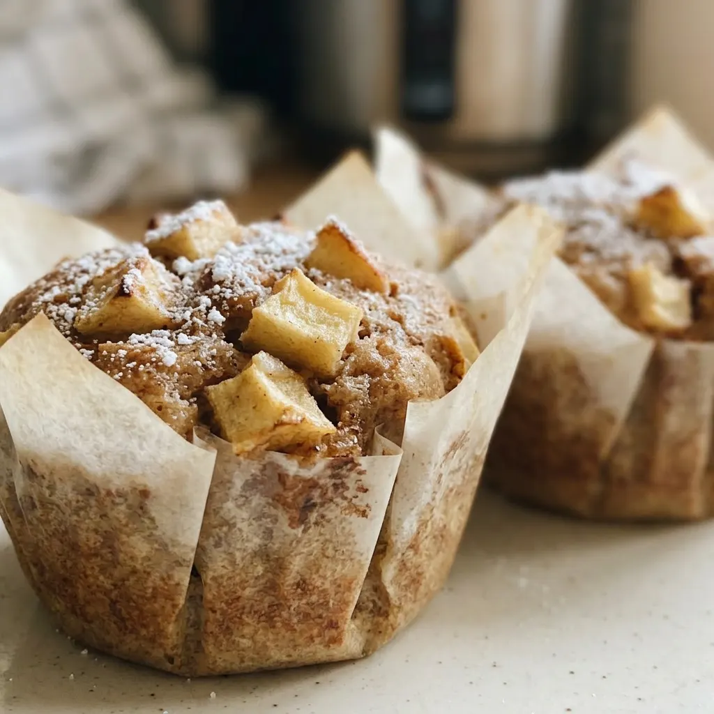 Up close, one muffin with a domed top, cinnamon sugar crystals, and a piece of apple.