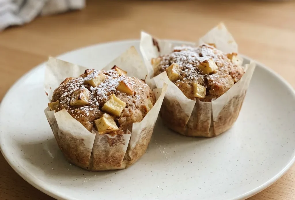 Looking down at three apple muffins topped with cinnamon sugar and visible apple chunks.