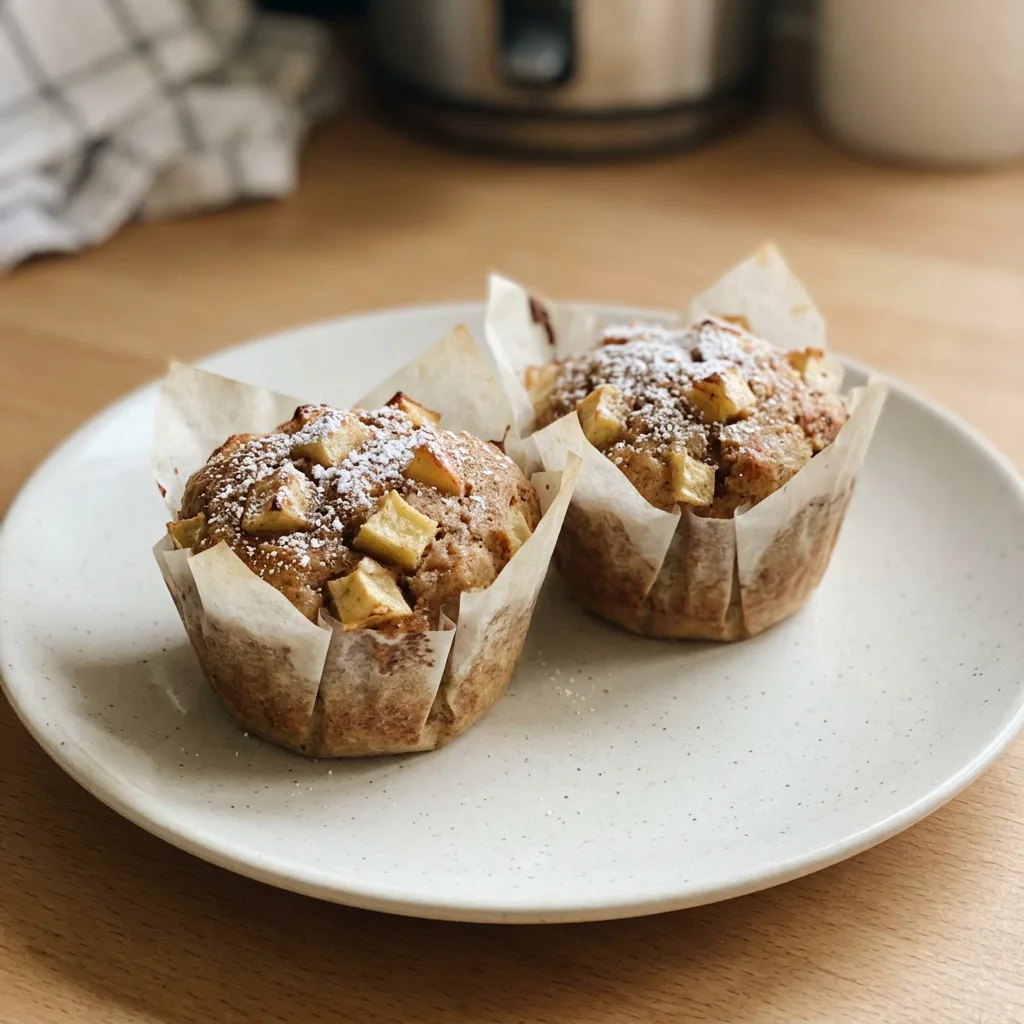 Looking down at three apple muffins topped with cinnamon sugar and visible apple chunks.