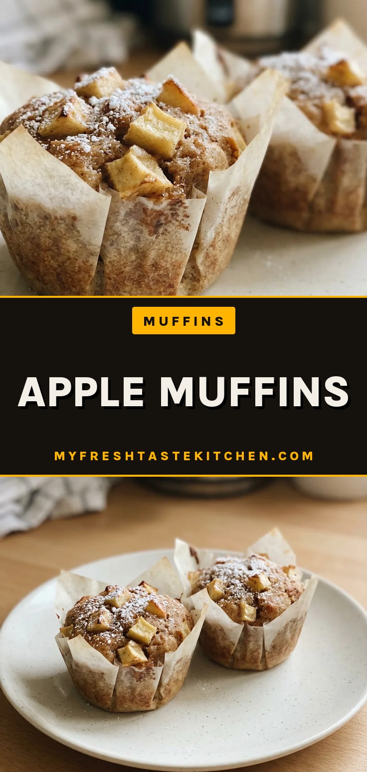 Looking down at three apple muffins topped with cinnamon sugar and visible apple chunks.