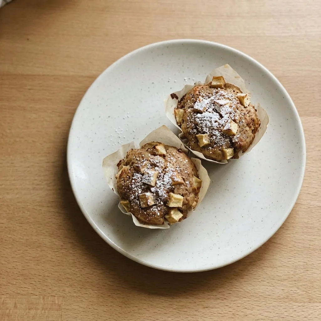 A plate of two apple muffins with cinnamon sugar topping and apple pieces.