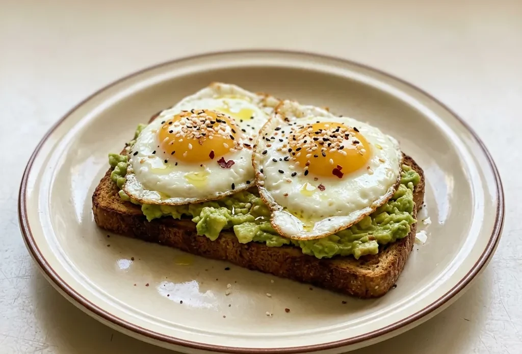 Top-down look at avocado halves with eggs in center on toast