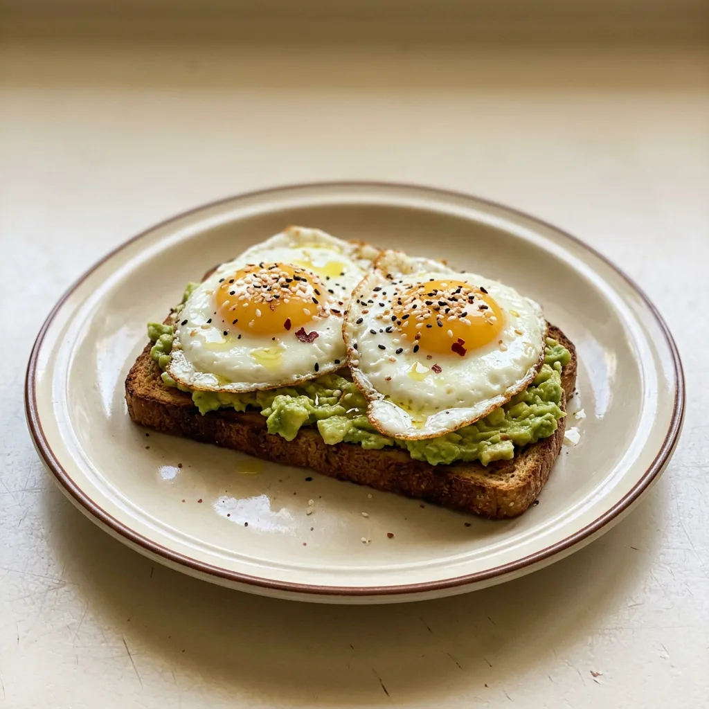Top-down look at avocado halves with eggs in center on toast
