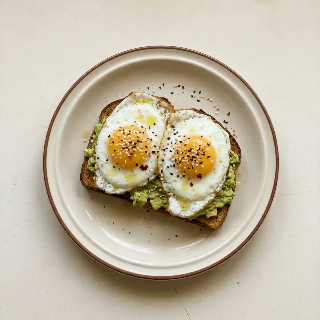 A serving of avocado toast topped with sunny-side eggs