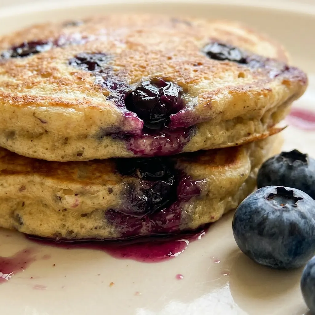 Close view of a fluffy pancake with a fork cutting through, revealing blueberries and banana pieces inside.