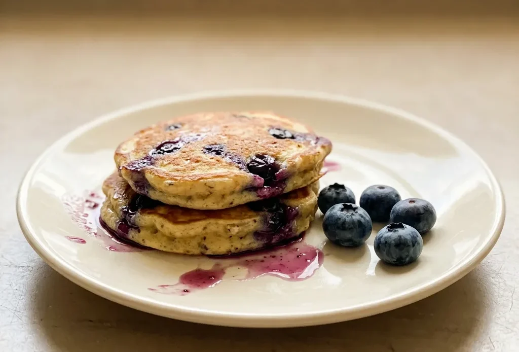 Overhead shot of a stack of three small pancakes topped with fresh blueberries and banana slices.