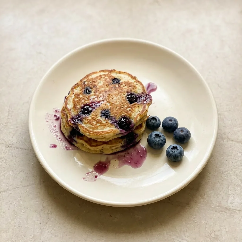 Plated stack of blueberry banana pancakes drizzled with syrup and topped with extra blueberries and banana slices.