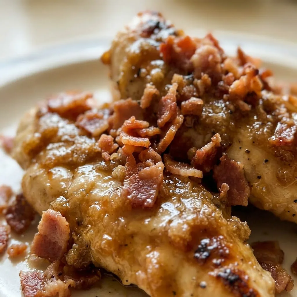 Zoomed in on a bacon-wrapped chicken tender, showing caramelized brown sugar crust and visible garlic powder and black pepper specks.