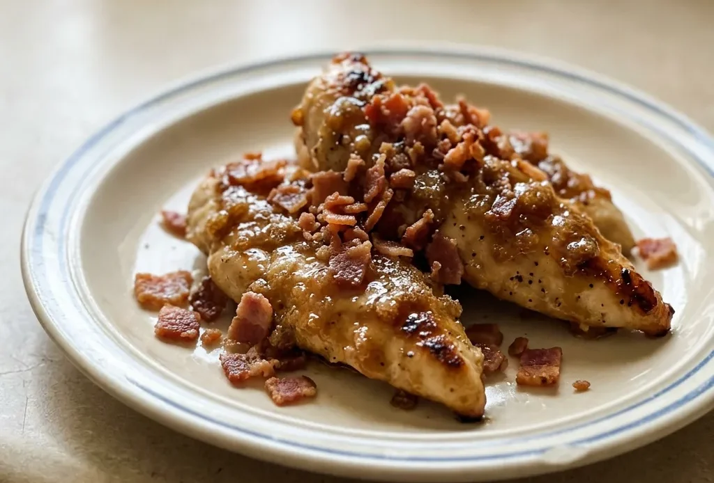 Bird's-eye view of chicken tenders wrapped in bacon, glazed with brown sugar and sprinkled with garlic powder and black pepper.