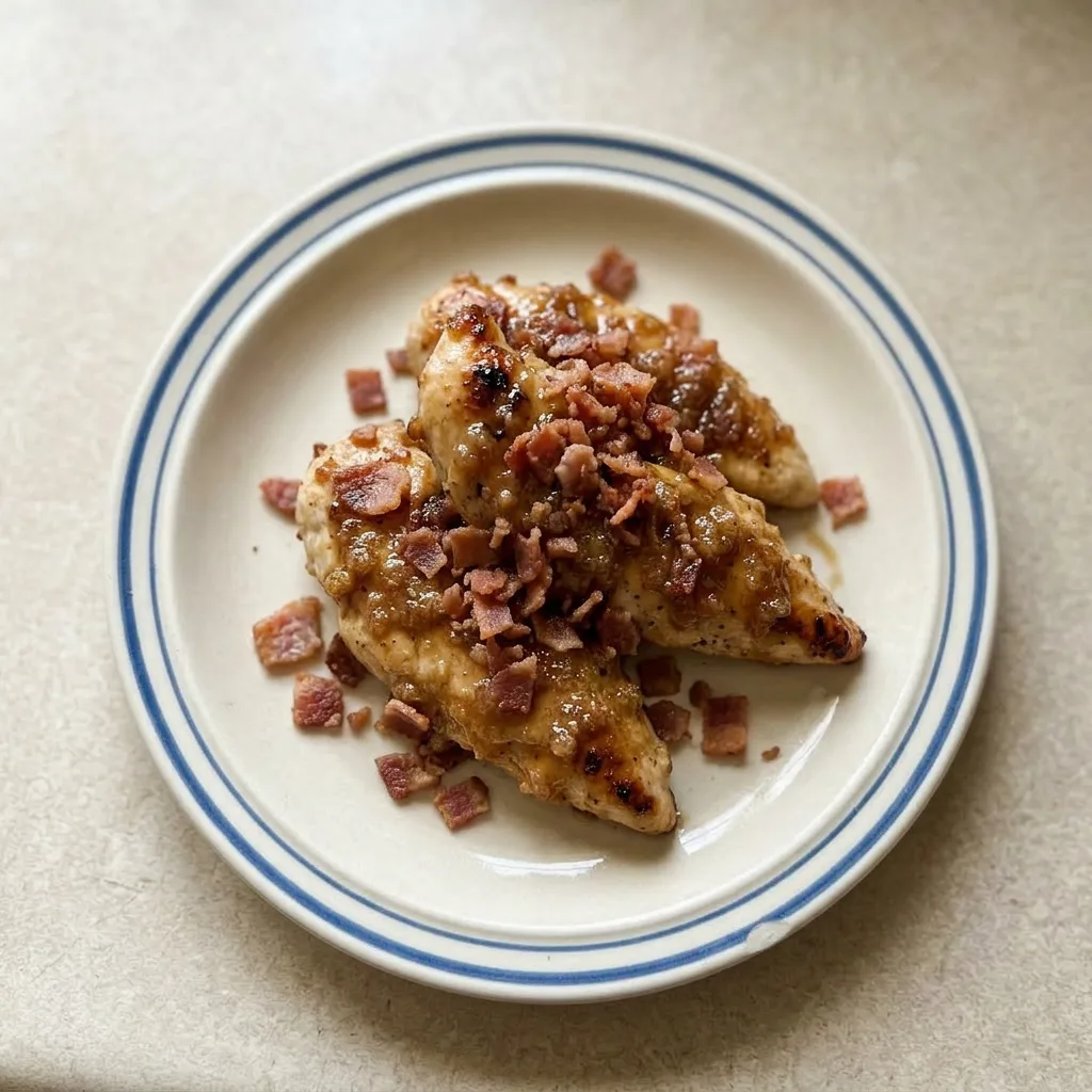Ready to serve: bacon-wrapped chicken tenders with brown sugar glaze, garlic powder, and black pepper.