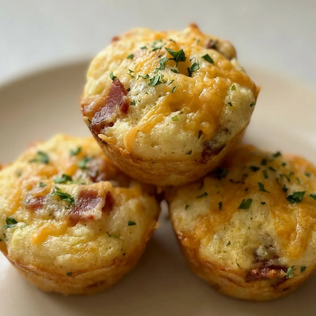 Up close, a muffin with visible bacon pieces and cheddar cheese topping, captured from a low angle.