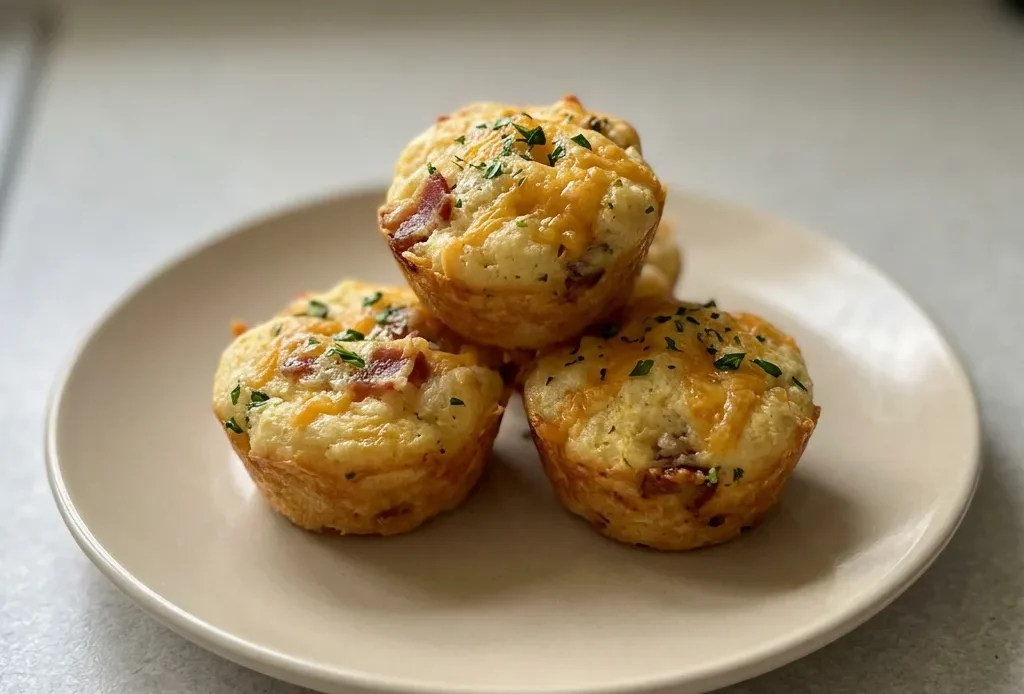 Looking down at a golden muffin with bacon bits and melted cheddar on top, set on a dark surface.