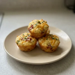 Looking down at a golden muffin with bacon bits and melted cheddar on top, set on a dark surface.