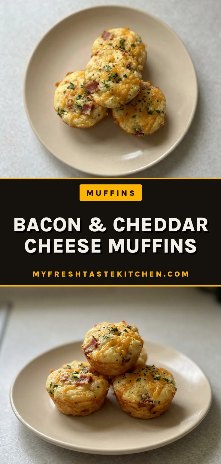 Looking down at a golden muffin with bacon bits and melted cheddar on top, set on a dark surface.