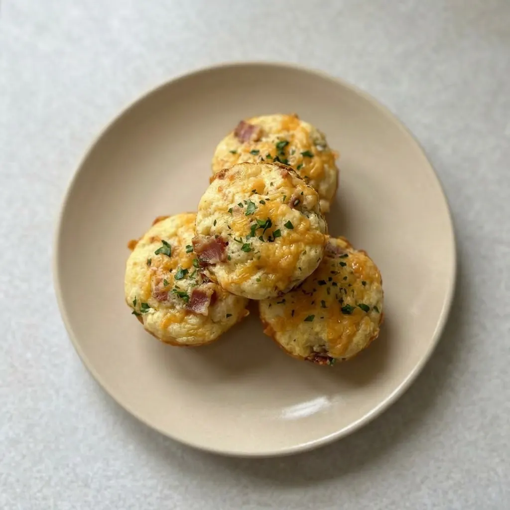 A plate of bacon and cheddar cheese muffins, showing the browned tops with cheese and bacon bits.