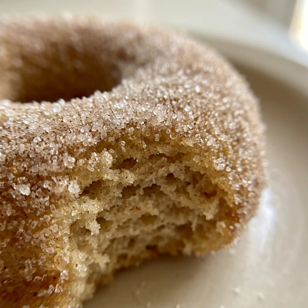 Zoomed in on a single donut with a golden-brown crust and visible cinnamon-sugar coating.