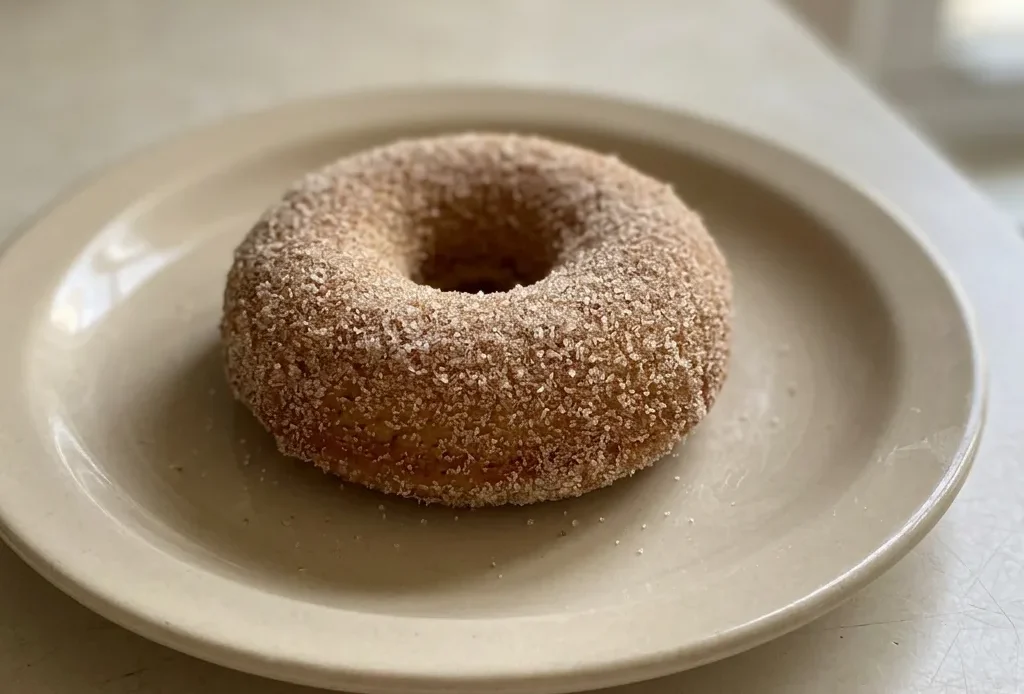 Bird's-eye view of two baked donuts sprinkled with cinnamon sugar on a dark surface.