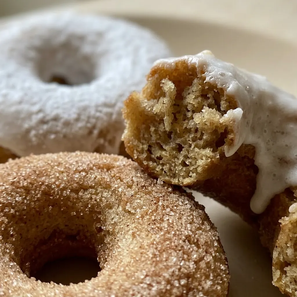 Up close, a single apple donut with a glossy cinnamon glaze, a few visible specks of cinnamon on the surface.