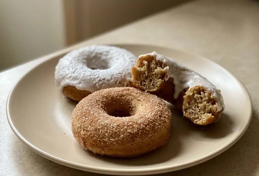 Looking down at two round apple donuts with a ring of cinnamon-sugar on top, resting on a dark surface.