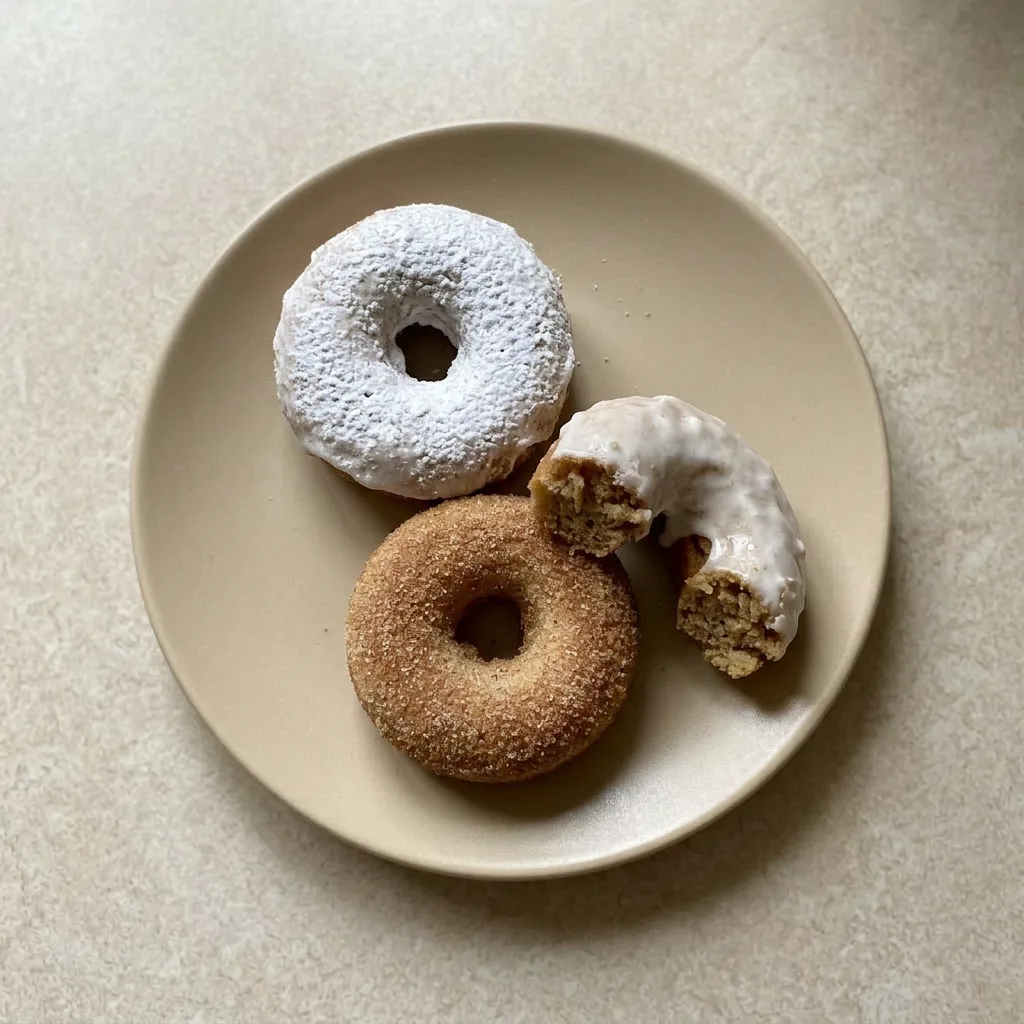 A plate of three apple donuts, each topped with a light dusting of cinnamon, arranged in a triangle.