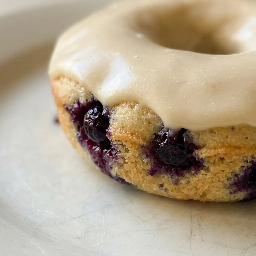 Zoomed in on a donut with maple glaze and visible blueberry pieces