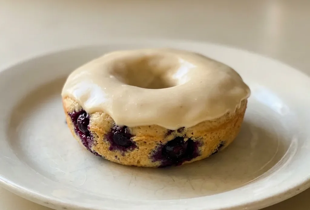 Bird's-eye view of three glazed donuts with blueberries on a white plate