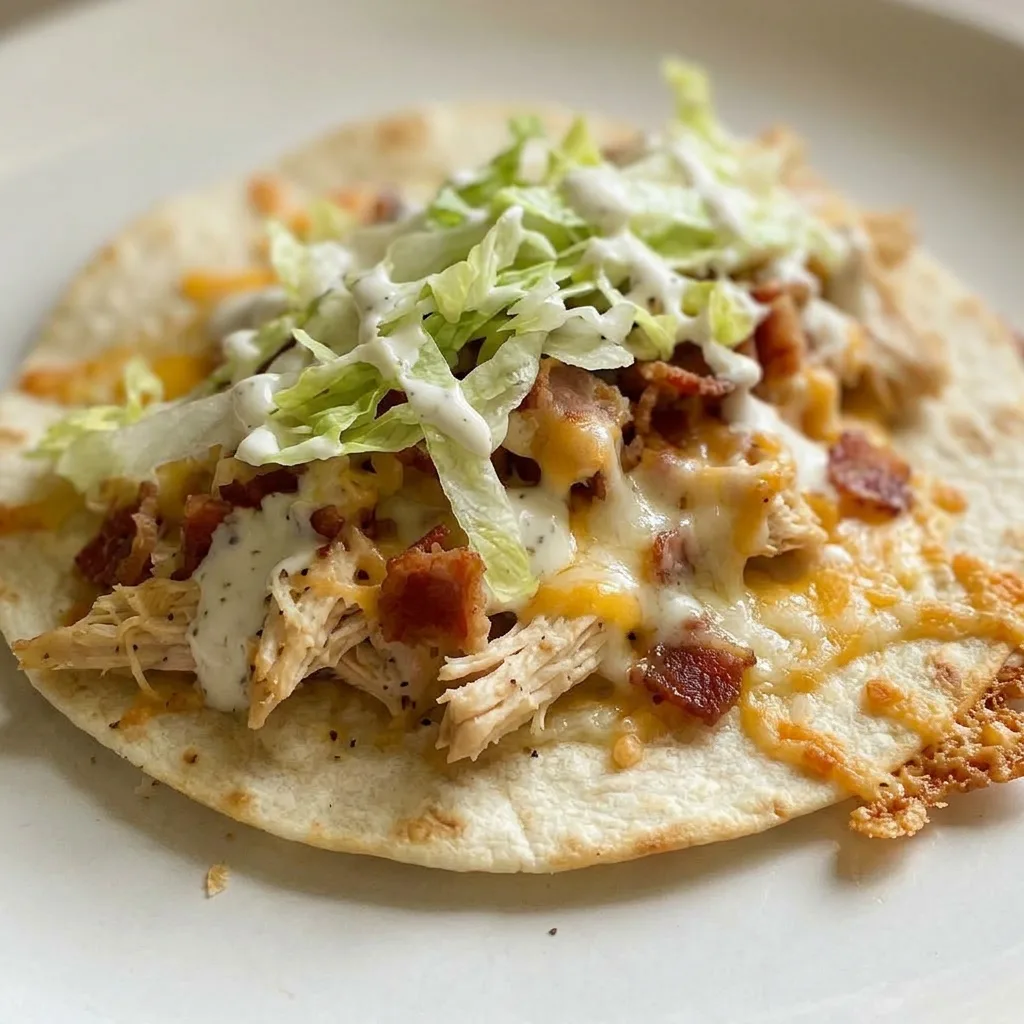 Up close, a folded flour tortilla filled with chicken, bacon, and shredded lettuce, with melted mozzarella and cheddar cheese and ranch dressing visible on top.