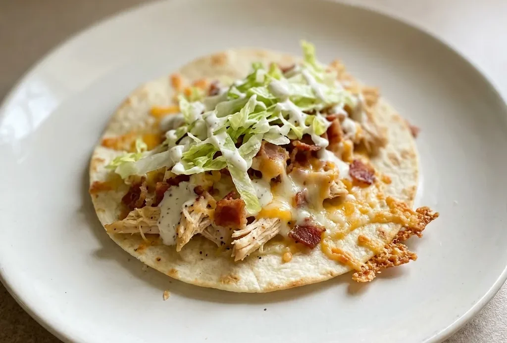 Looking down at a flour tortilla topped with chicken, bacon, shredded lettuce, and melted mozzarella and cheddar cheese, drizzled with ranch dressing.