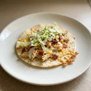Looking down at a flour tortilla topped with chicken, bacon, shredded lettuce, and melted mozzarella and cheddar cheese, drizzled with ranch dressing.